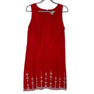 Loft 100% Cotton Sheath Dress‎ Red Embroidered Design Size 8